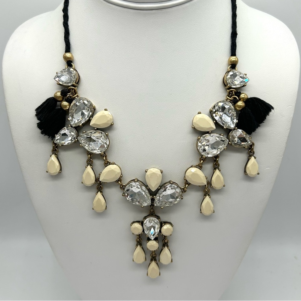 J. Crew Cream Jeweled Black Cord Tie Necklace